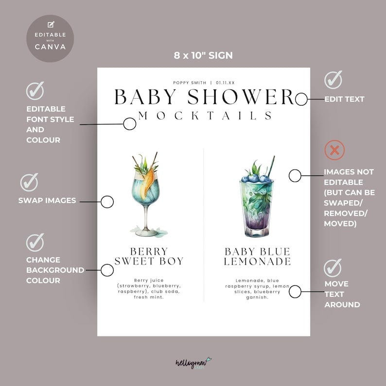 Blue Mocktails for Baby Shower, Boy Twin Cocktails Bar Sign, Minimalist