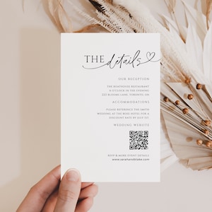 Insertion de code QR d'invitation de mariage, modèle de pièce jointe de carte de détail, RSVP minimaliste modifiable, souhaitant bien moderne, téléchargement instantané, blanc, WED04