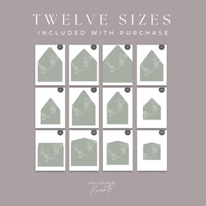 May include: Twelve different sizes of envelopes with a floral design are shown on a grey background. The text "TWELVE SIZES INCLUDED WITH PURCHASE" is at the top of the image. The text "HELLOGRAM EVENTS" is at the bottom of the image.