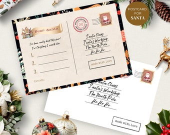 Carta a Santa y descarga de sobre, postal de Navidad imprimible, lista de deseos de vacaciones para niños, taller de Santa, DESCARGA INSTANTE, Floral, CHR04