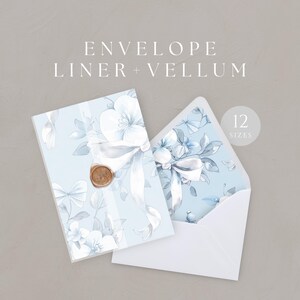 May include: Light blue envelope and vellum set with floral design and a wax seal. The envelope liner features a matching floral pattern. The text "ENVELOPE LINER + VELLUM" is displayed at the top. The image also shows "12 SIZES".