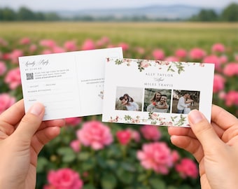 QR Code RSVP Postcard, English Rose Garden Reply Card, Floral Wedding Invite Insert, Photo Template, Pink and Sage, INSTANT download, WED36