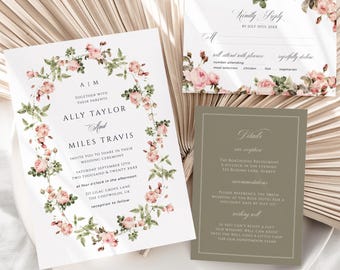 Wedding Invite Dusty Rose and Green, English Garden Invitation, Forest Template, Floral Sage and Blush, Formal, INSTANT DOWNLOAD, WED36