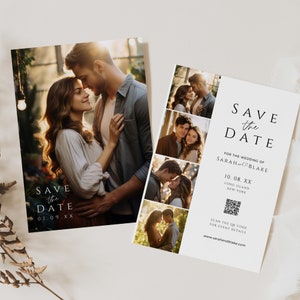 Save the Date-Vorlage mit Fotostreifen, minimalistisch bedruckter Fotoautomaten, moderne bearbeitbare Hochzeitseinladungskarte, SOFORT-DOWNLOAD, Weiß, WED04