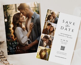 Save the Date Template Photo Strip, Minimalist Printed Photo Booth, Modern Editable Wedding Invitation Card,  INSTANT DOWNLOAD, White, WED04