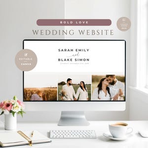以下が含まれることがあります： 「BOLD LOVE WEDDING WEBSITE」というテキストが上部に表示された、結婚式用のウェブサイトが表示されているコンピューター画面。ウェブサイトには、カップルと「SARAH EMILY and BLAKE SIMON」というテキストがモダンなフォントで表示された写真のコラージュが掲載されています。