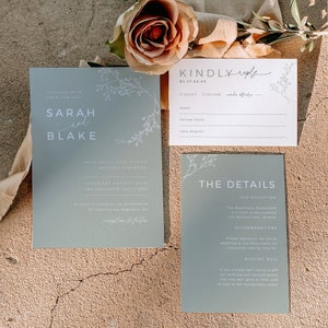 Faire-part de mariage vert sauge, code QR modifiable de la suite d'invitations, carte détaillée RSVP, dessin au trait gypsophile, téléchargement immédiat, MER07
