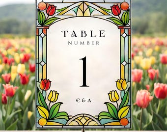 Faux Stained Glass Table Number Template, Painted Acrylic Wedding Sign, Printable Spring Garden, Floral Art Nouveau, Tulips, DIY, WED43