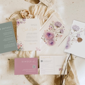 Lot de faire-part de mariage lilas, suite d'invitations modifiable lavande, doublure d'enveloppe floral violet imprimable et vélin, téléchargement immédiat, MER09