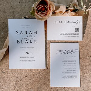 Suite de faire-part de mariage imprimé QR code, invitation modifiable plusieurs photos, carte détaillée RSVP coeur minimaliste, téléchargement immédiat, blanc, WED04