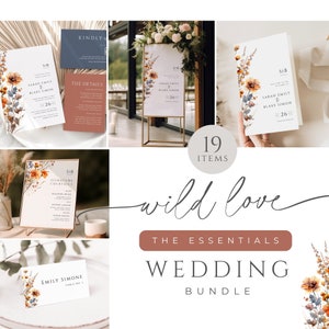 May include: A wedding invitation suite with a wildflower theme. The suite includes a save the date card, invitation, RSVP card, details card, and a signature cocktail menu. The cards are all white with a watercolor floral design in shades of orange, yellow, and brown. The text on the cards is in a simple, modern font.