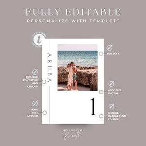 K&ouml;nnte beinhalten: Eine wei&szlig;e und schwarze druckbare Vorlage f&uuml;r eine Hochzeit oder ein Event. Die Vorlage zeigt ein Foto eines Paares am Strand in Aruba, die Nummer 1 und den Text "ARUBA". Die Vorlage ist vollst&auml;ndig editierbar und kann mit Templett personalisiert werden.