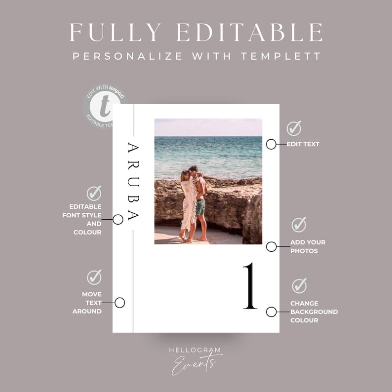 K&ouml;nnte beinhalten: Eine wei&szlig;e und schwarze druckbare Vorlage f&uuml;r eine Hochzeit oder ein Event. Die Vorlage zeigt ein Foto eines Paares am Strand in Aruba, die Nummer 1 und den Text "ARUBA". Die Vorlage ist vollst&auml;ndig editierbar und kann mit Templett personalisiert werden.