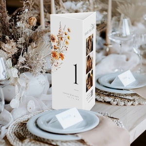 Número de mesa de boda triple, menú de soporte triangular minimalista, tarjeta fotográfica floral naranja quemada, signo de código QR de otoño, DESCARGA INSTANTE, MIÉ10