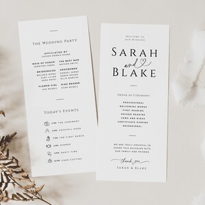 Programme de mariage avec coeur, longue carte modifiable d'ordre de service, cérémonie minimale imprimable, 3,75 x 9 4 x 8 4 x 11, TÉLÉCHARGEMENT IMMÉDIAT, blanc, MER04
