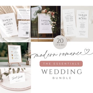 May include: A wedding stationery bundle with 20 items in a modern romance theme. The bundle includes a variety of printable templates, such as wedding invitations, RSVP cards, table numbers, and more. The design features a minimalist aesthetic with a handwritten font and delicate floral accents.