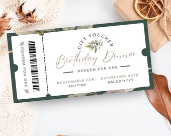 Birthday Dinner Voucher Gift, Babysitter Coupon, Christmas Last Minute Present, Editable Date Certificate, INSTANT DOWNLOAD, Green, GIFT01