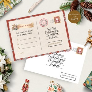 Download de carta para o Papai Noel e envelope, cartão postal de Natal para impressão, lista de desejos de férias da criança ao Pólo Norte, DOWNLOAD INSTANTÂNEO, vermelho, CHR03