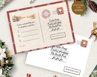 Carta a Santa y descarga de sobre, postal de Navidad imprimible, lista de deseos navideños del niño al Polo Norte, DESCARGA INSTANTE, Rojo, CHR03