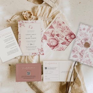 Invitación de boda en toile, código QR para invitaciones en rosa empolvado, forro para sobres con diseño de jardín para imprimir, papel vitela francés rosa, DESCARGA INSTANTÁNEA, MIÉRCOLES 13