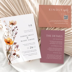 Faire-part de mariage fleurs sauvages avec code QR, faire-part numérique orange bordeaux brûlé, suite aquarelle rustique d'automne, TÉLÉCHARGEMENT IMMÉDIAT, MER11