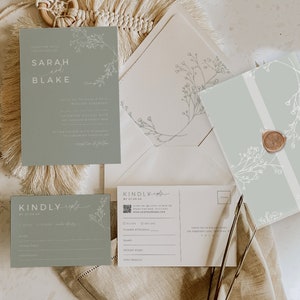 Babys Breath Wedding Suite, Sage Green Floral Envelope Liner, Printable Invitation Vellum Wrap, Reply Card QR Code, INSTANT DOWNLOAD, WED07