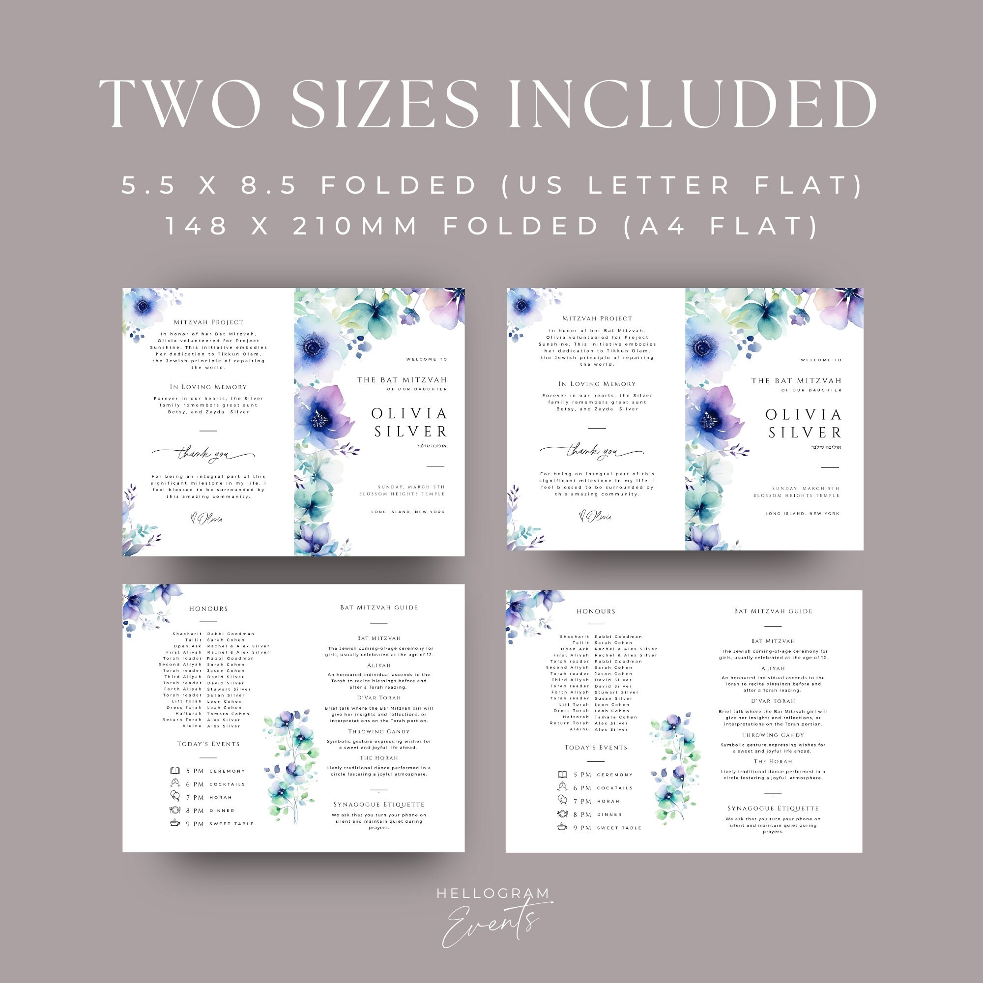 Bat Mitzvah Program Template, Editable Minimal Jewish Book, Printable