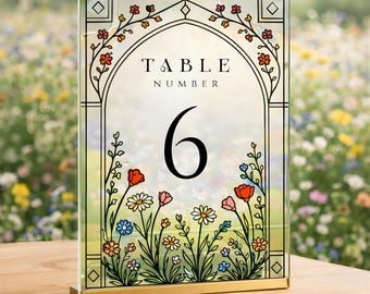 Faux Stained Glass Table Number Template, Painted Acrylic Wedding Sign, Printable Wildflower Garden, Floral Art Nouveau, DIY, WED43