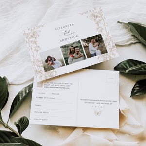 Cartão postal com código QR para confirmar presença, convite com cartão de resposta em tecido dourado, encarte formal tradicional para casamento, modelo minimalista para fotos, download instantâneo, QUA29