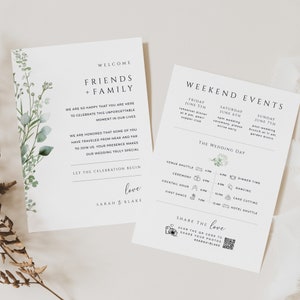 May include: A wedding invitation suite featuring a green and white floral design. The front of the invitation reads "Welcome Friends + Family". The back of the invitation details the weekend events, including a rehearsal dinner, wedding ceremony, and post-wedding brunch. The text "Share the love" is printed on the back of the invitation with a QR code.