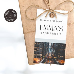 Etichetta di ringraziamento per addio al nubilato di Chicago, etichetta per decorazioni per feste in città, modello bomboniera per damigella d'onore, confezione regalo sposa, DOWNLOAD immediato, blu, BACHL11