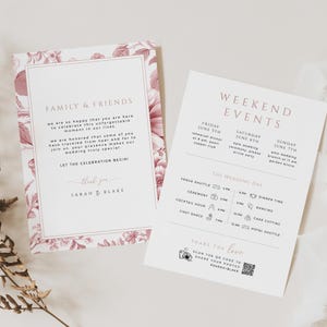 Itinerario de boda en rosa polvorienta, bolsa de bienvenida con nota de agradecimiento, fin de semana floral en toile francés, infografía de línea de tiempo rosa, DESCARGA INSTANTÁNEA, MIÉRCOLES 13