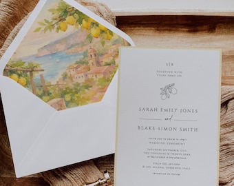 May include: Wedding invitation with a watercolor design featuring a coastal Italian landscape with lemons. The invitation includes the names Sarah Emily Jones and Blake Simon Smith, and wedding details.