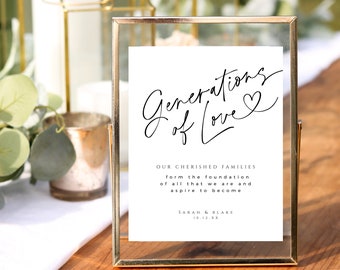 Op de afbeelding: Een wit bord met een gouden lijst met de woorden "Generations of Love" in elegant zwart schrift. Daaronder staat de tekst: "Onze gekoesterde families vormen de basis van alles wat we zijn en willen worden." Het bord is in een gouden lijst.