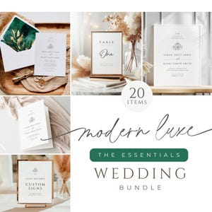 May include: A collection of wedding stationery items, including invitations, table signs, and welcome signs. The design features elegant typography and a modern aesthetic. The text includes "Sarah Emily Jones and Blake Simon Smith" and "Wedding Bundle".