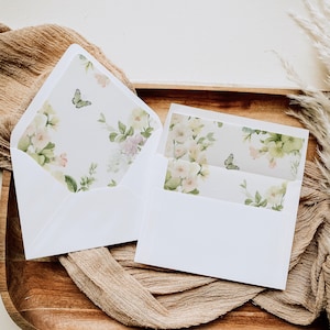 Sage Green Floral Envelope Liner, Printable English Garden Butterfly Wedding Invitation, A7 Euro Square Flap, INSTANT DOWNLOAD, Green, WED04