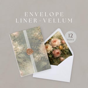 Puede incluir: Un sobre con diseño floral y sello de cera dorado, junto a un sobre abierto con interior floral. El texto "ENVELOPE LINER + VELLUM" está en la parte superior, y "12 SIZES" está en un círculo.