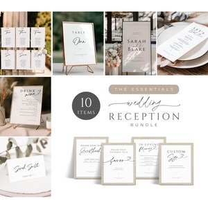 May include: A set of 10 printable wedding reception signs in a minimalist style with a modern calligraphy font. The signs include a welcome sign, table numbers, a drink menu, a guest book sign, a favors sign, a memory sign, a custom sign, and a seating chart.