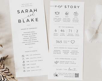May include: A black and white wedding program with a minimalist design. The program includes the order of ceremony, today's events, and a section titled "Our Story" with details about the couple's relationship. The program also includes a QR code to share photos.