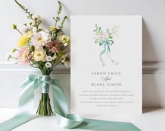 Whimsical Garden Wedding Invitation, Cottage Core Invite, Vintage Grand Millennial, Green Pink Minimal Wildflower, INSTANT DOWNLOAD, WED26