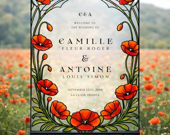 Faux Stained Glass Wedding Sign Template, Painted Acrylic Welcome, Poppy Field, Enchanted Forest, Floral Art Nouveau, Printable DIY, WED43