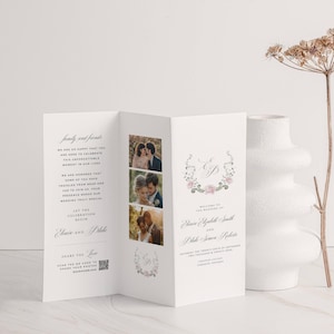 May include: A wedding program with a floral design and the couple's names, "Claire Elizabeth Smith and Blake Semen Roberts", printed on the front. The program includes photos of the couple and a QR code to share photos.