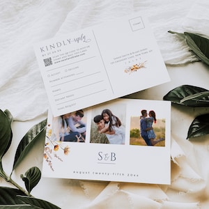 Carte postale RSVP QR Code, faire-part carte-réponse fleurs sauvages, insert de mariage bleu orange brûlé, modèle trois photos, téléchargement immédiat, WED10
