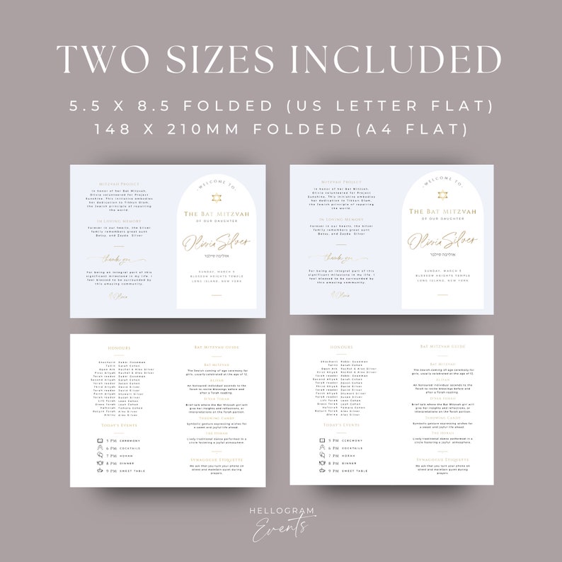 Bat Mitzvah Program Template, Editable Minimal Bar Mitzvah Party ...