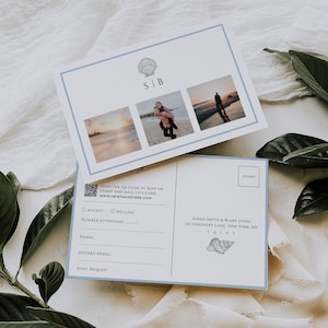 Carte postale RSVP QR Code, carte-réponse d'invitation côtière bleue, encart de mariage sur la plage nautique, modèle de photographie d'image, téléchargement immédiat, WED23