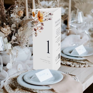 Número de mesa de boda triple, menú de soporte triangular minimalista, tarjeta de agradecimiento floral naranja quemada, signo de código QR de otoño, DESCARGA INSTANTE, MIÉ11