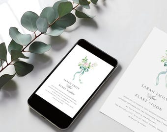 Digital Whimsical Garden Wedding Invitation, Cottage Core Invite, Vintage Grand Millennial, Green Pink Wildflower, INSTANT DOWNLOAD, WED26