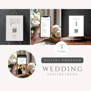 以下が含まれることがあります： 結婚式の文房具のコレクション。 「Take Your Seat」のテキストとQRコードが書かれた額入りのサイン、座席表を表示する携帯電話、テーブル番号カードが含まれています。 テーマはモダンなウェディングです。