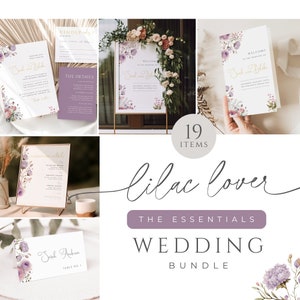 Lilac Wedding Invitation Bundle, Editable Watercolor Lavender Welcome Sign, Printable Purple Floral Seating Chart, INSTANT DOWNLOAD, WED09