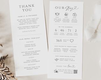 Hochzeit Fun Facts Karte, Menü und Danke Gedeck, Infografik Timeline Geschichte, Teilen Sie die Liebe QR Code, SOFORT DOWNLOAD, Weiß, WED04